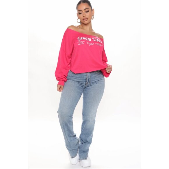 Fashion Nova ✦ Gemini Vibes Off‑Shoulder Top ✦ Fuchsia Pink Zodiac Graphic S NWT - Picture 2 of 4